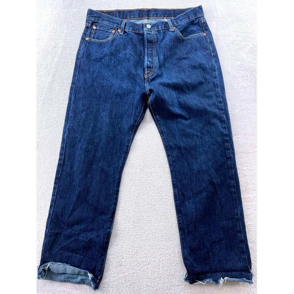 Levis 501 Jeans Mens 36x30 Dark Wash Button Fly Straight Leg Raw Hem